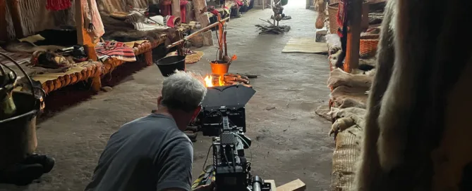 A crew shoots footage for The American Revolution at Ganondagan State Historic Site, a recreated 17th century Seneca ...