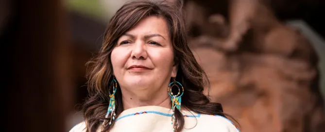 Rosanne Casimir, kúkpi7 (chief) of the Tk'emlúps te Secwépemc at a 2022 memorial marking the anniversary of the disco...