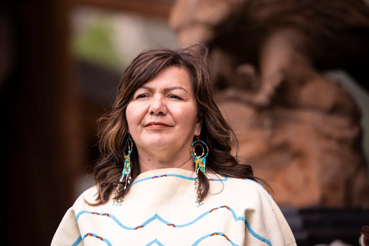 Rosanne Casimir, kúkpi7 (chief) of the Tk'emlúps te Secwépemc at a 2022 memorial marking the anniversary of the disco...
